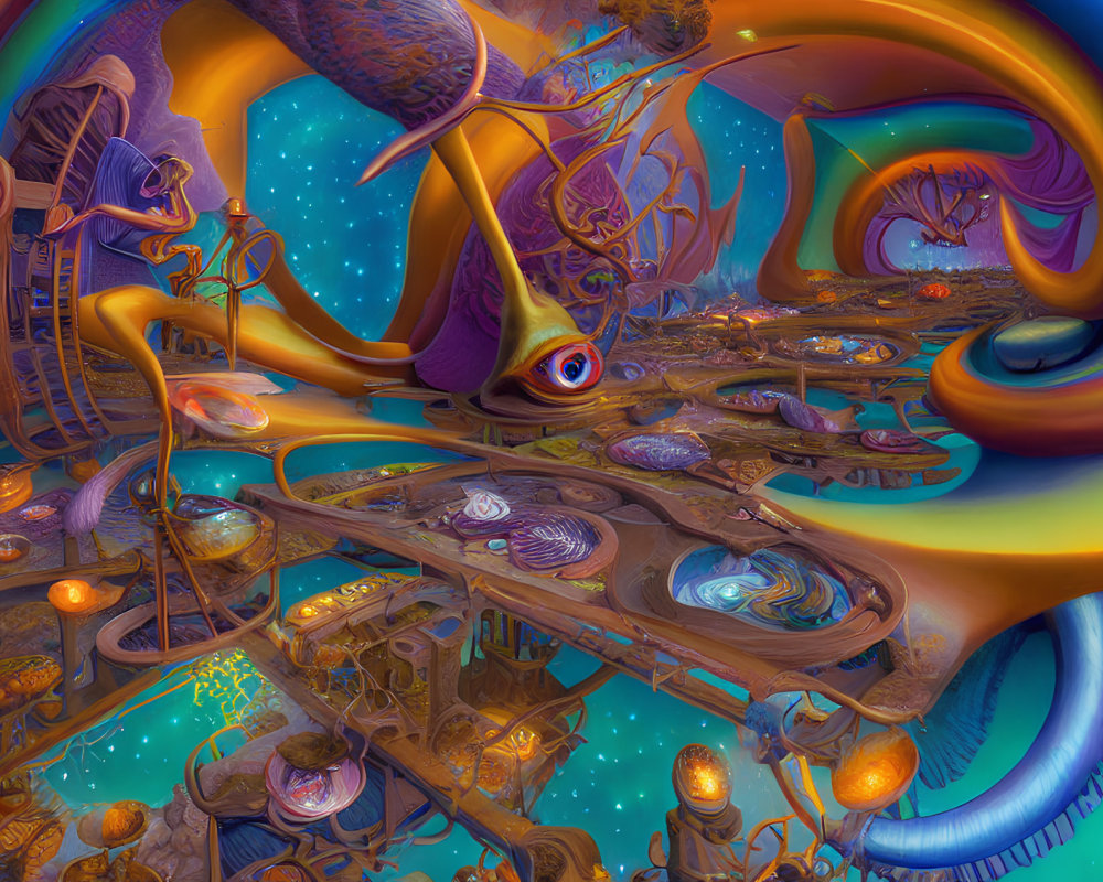 Colorful fantasy landscape with swirling orange and blue hues and luminous orbs.