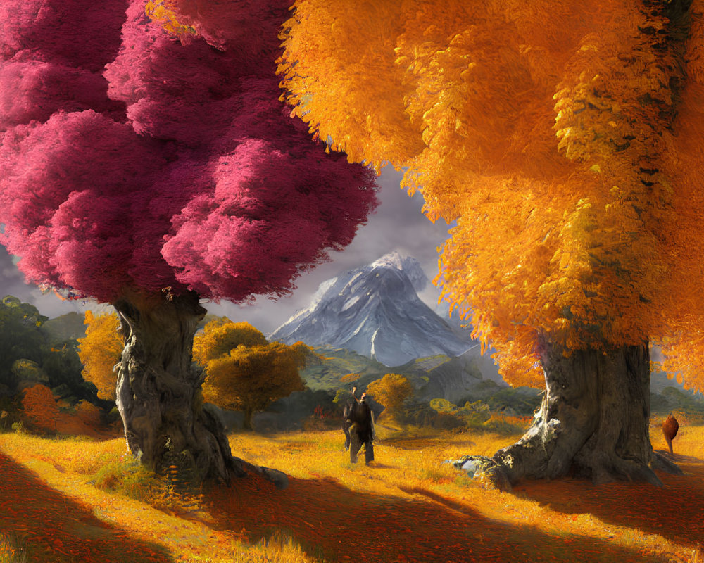 Colorful landscape with pink and orange trees, figure walking, snow-capped mountain