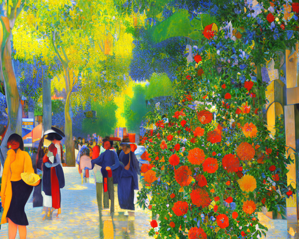 Colorful Street Scene with People and Flowers