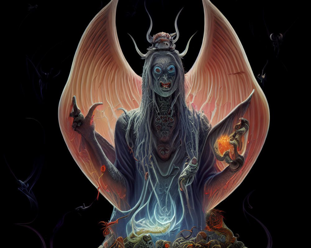 Blue-skinned demonic figure with fiery wings conjures flame amidst swirling ethereal beings