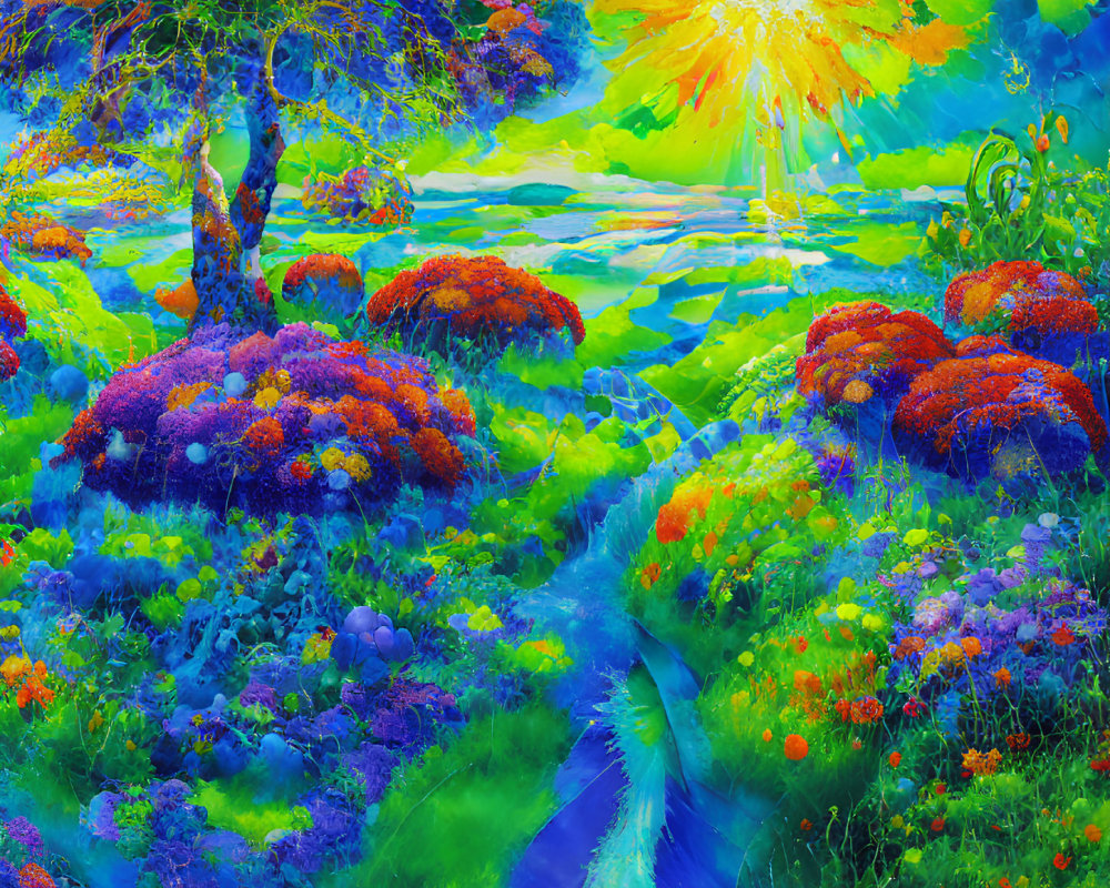 Colorful Landscape Painting with Bright Sun, Lush Trees, River, and Flowers