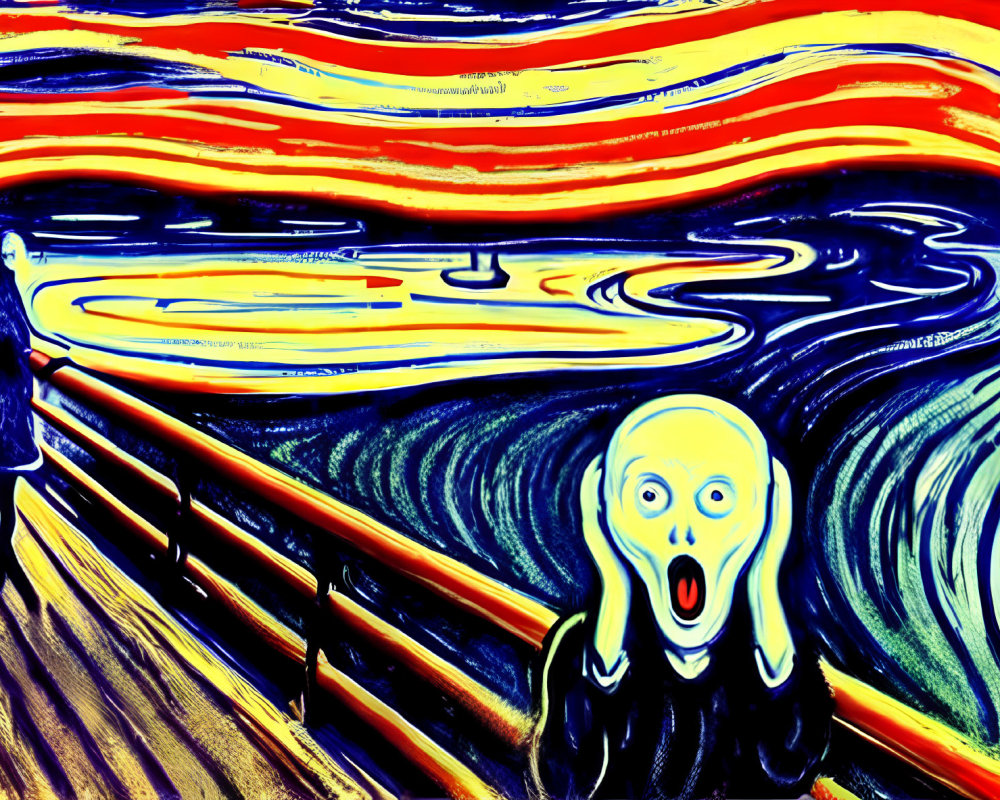 Colorful interpretation of a shocked figure with swirling red, blue, and yellow lines