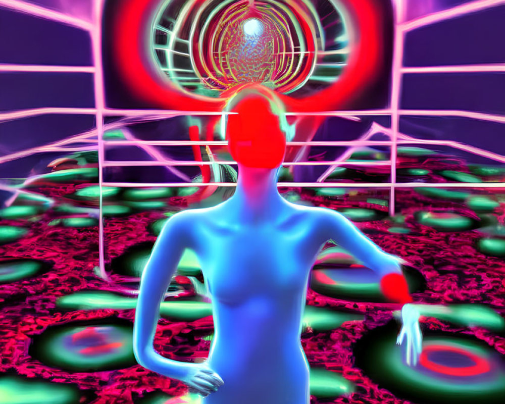 Neon-colored surreal digital art: Blue humanoid in abstract environment