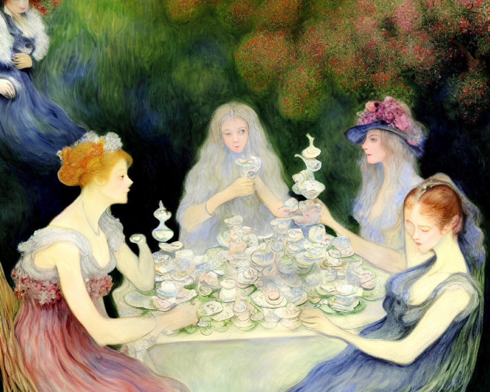 Whimsical illustration of five women in pastel dresses at a tea party