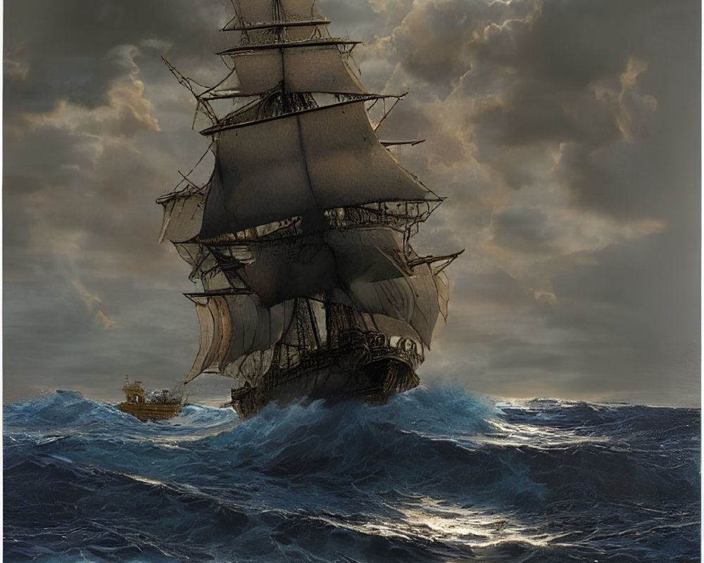 Historic tall ship sailing turbulent seas under dramatic sky