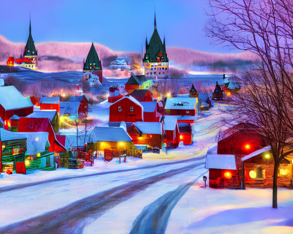 Snow-covered village with warm lights and iconic steeples at twilight