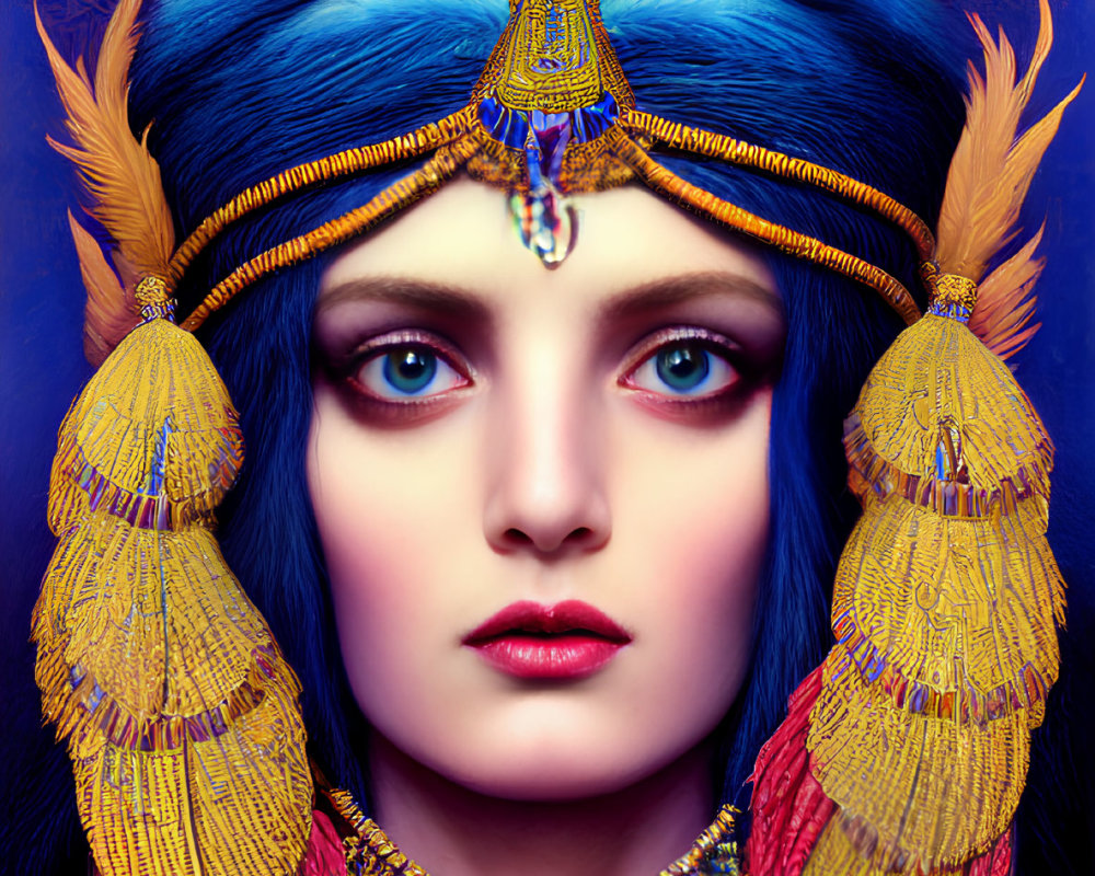 Colorful portrait of woman with blue skin in Egyptian headdress and gold jewelry