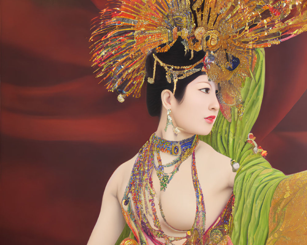 Traditional attire woman in golden headdress and vibrant robes against red backdrop