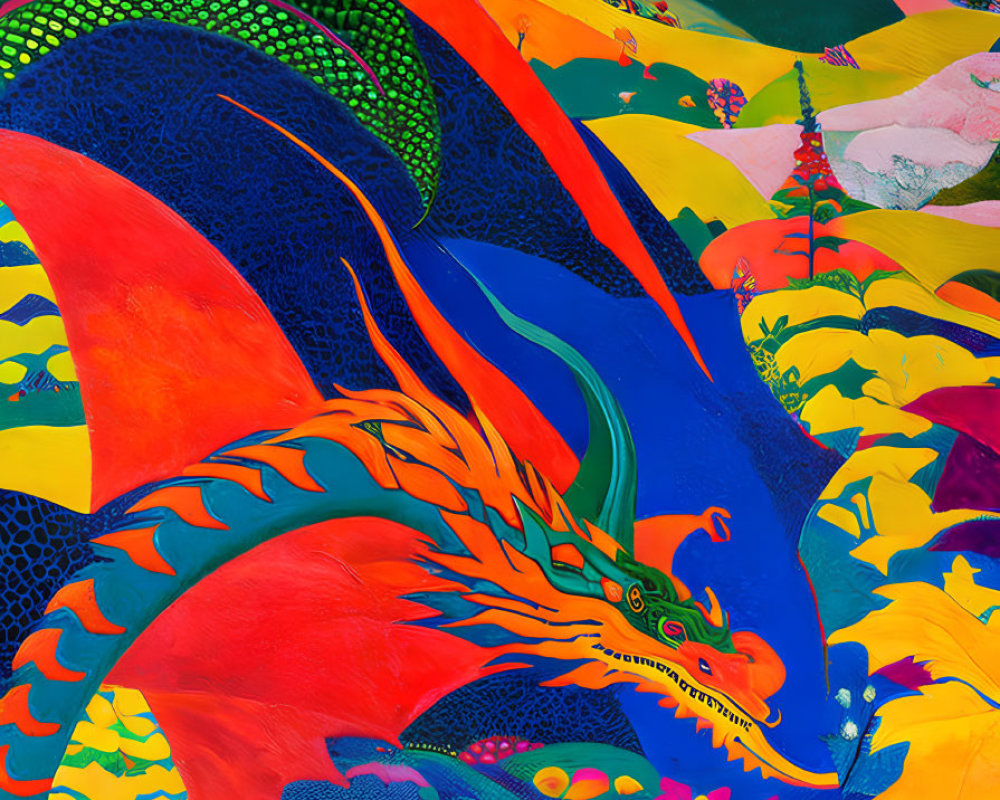 Colorful Stylized Dragon Soaring Over Patchwork Landscape