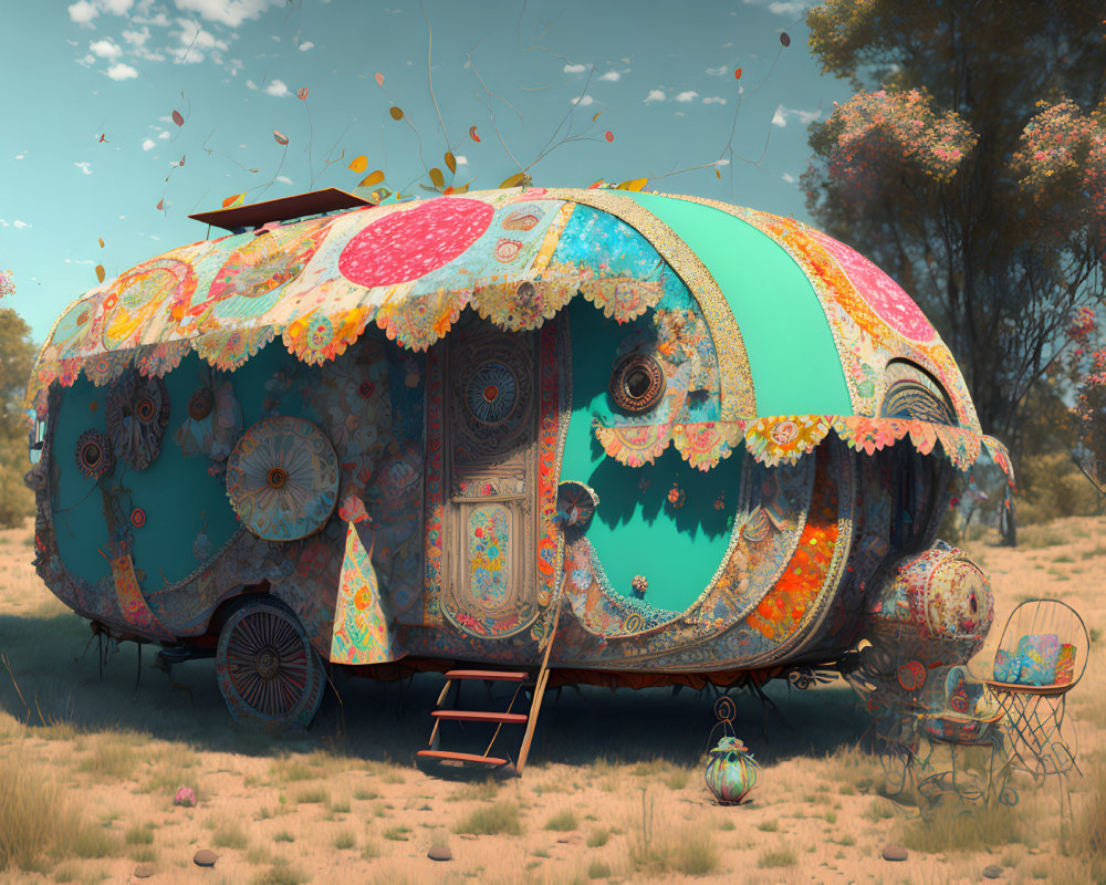 Colorful caravan with intricate patterns in sunny field