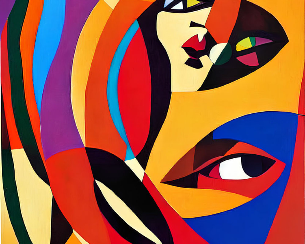 Vibrant Abstract Painting: Geometric Shapes & Stylized Female Figure