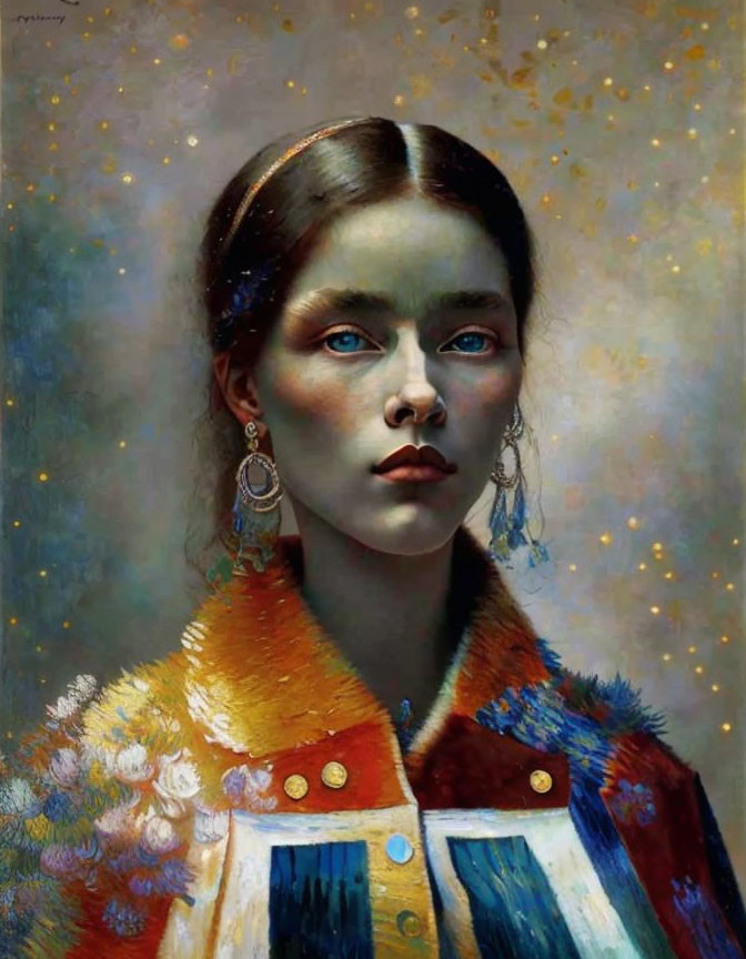 Portrait of Woman with Striking Blue Eyes and Colorful Starry Background