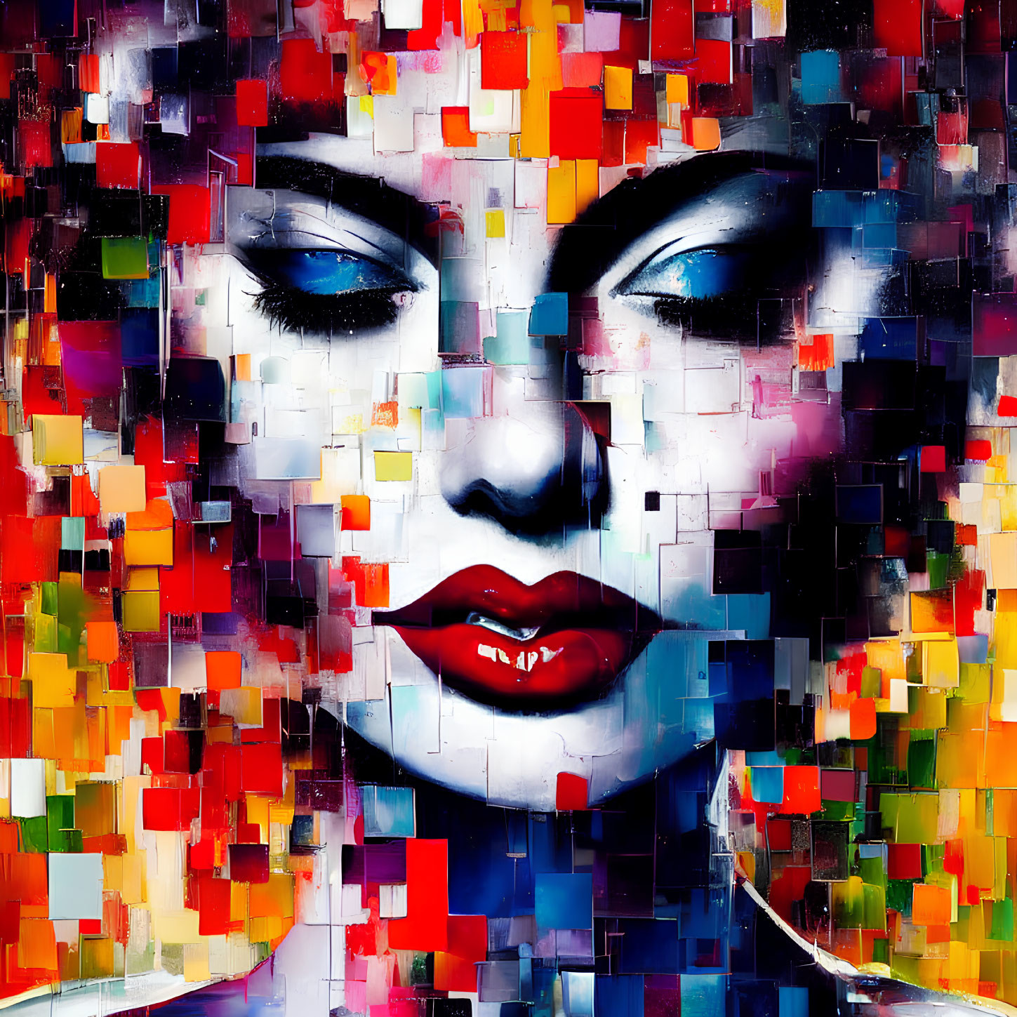 Colorful Abstract Portrait of Woman with Pixelated Patterns