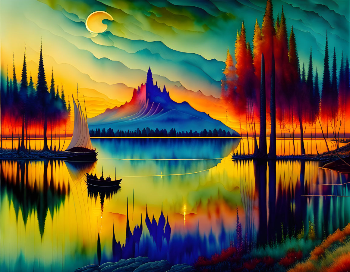 Surreal landscape with fiery trees, mountain backdrop, sailboats, crescent moon.