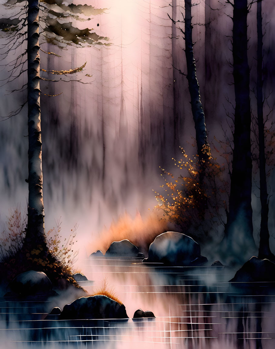 Tranquil forest scene: fog, sunbeams, lake reflection, golden leaves