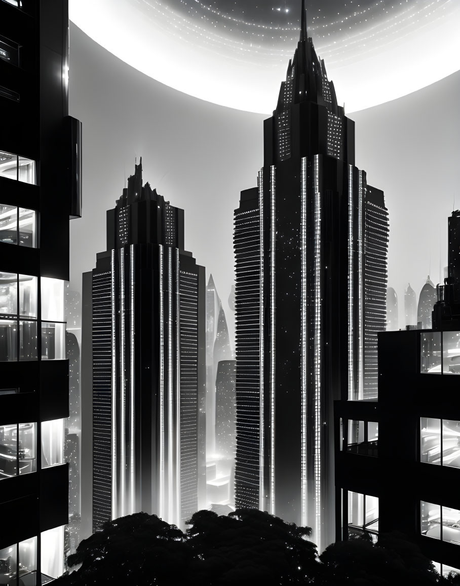 Monochrome night cityscape with illuminated skyscrapers