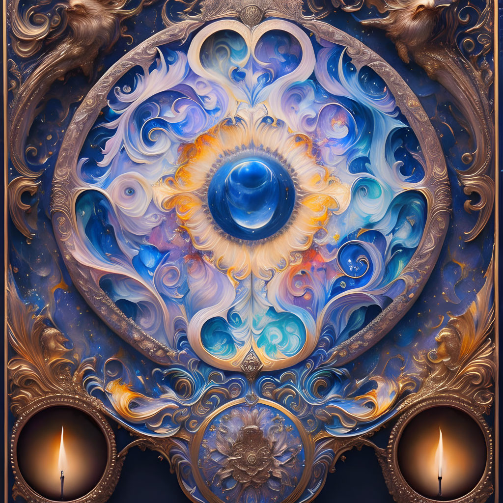 Baroque-style decorative piece with blue gemstone, gold and blue swirling designs, and lit candles.