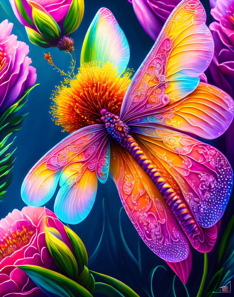 Colorful Digital Artwork: Detailed Butterfly on Flower Amid Lush Foliage