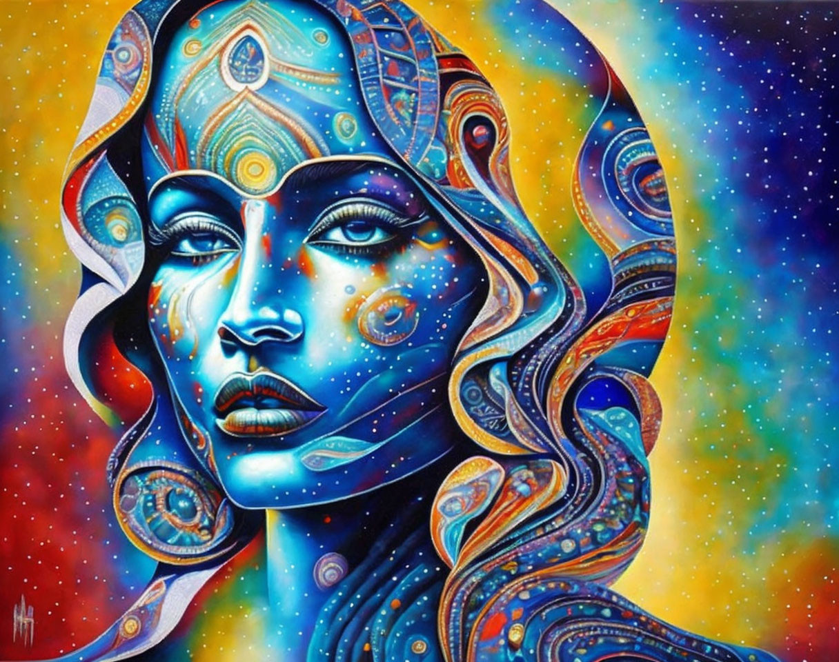 Colorful woman portrait with cosmic and tribal patterns on starry backdrop