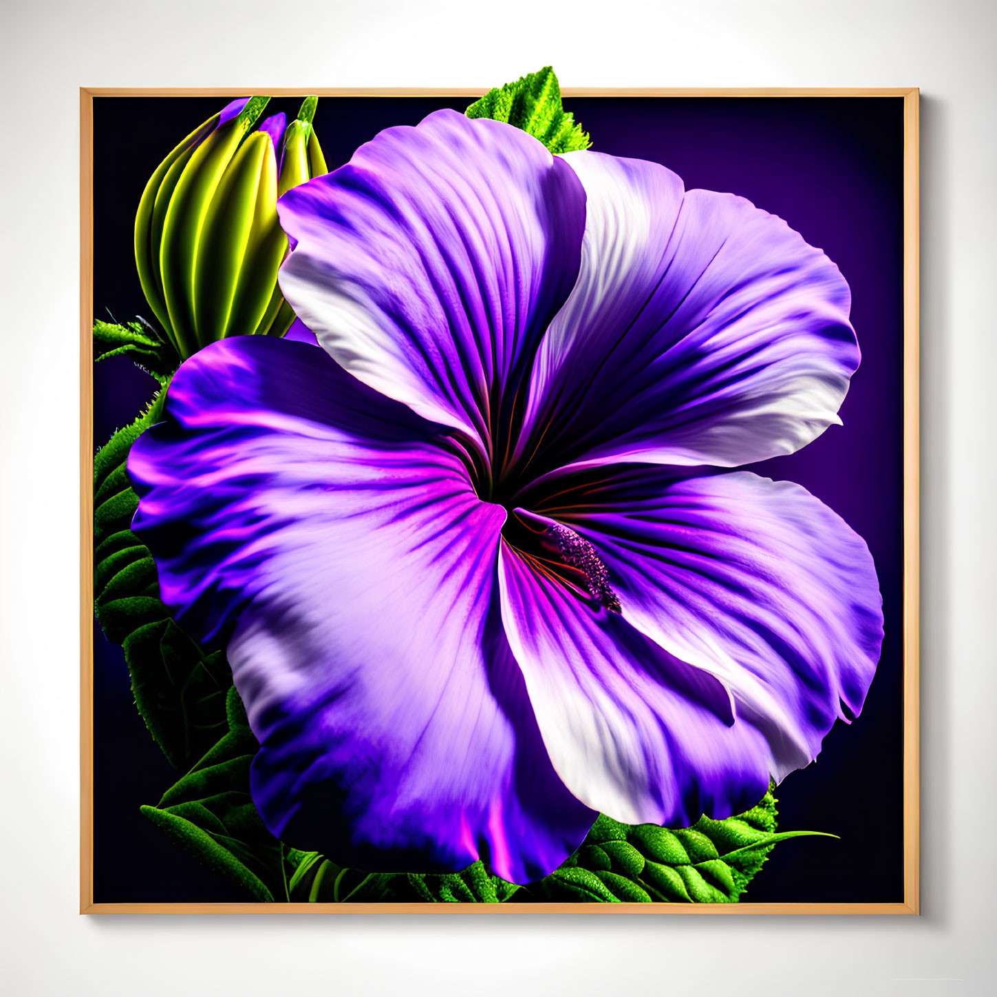 Vibrant purple flower with white veins and dark center on purple backdrop