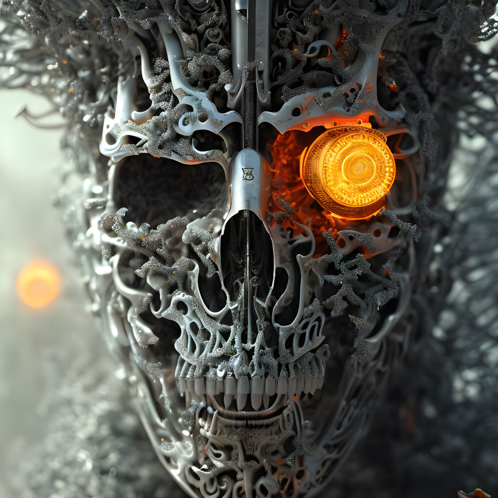 Intricate Mechanical Skull with Glowing Orange Eye on Blurred Background