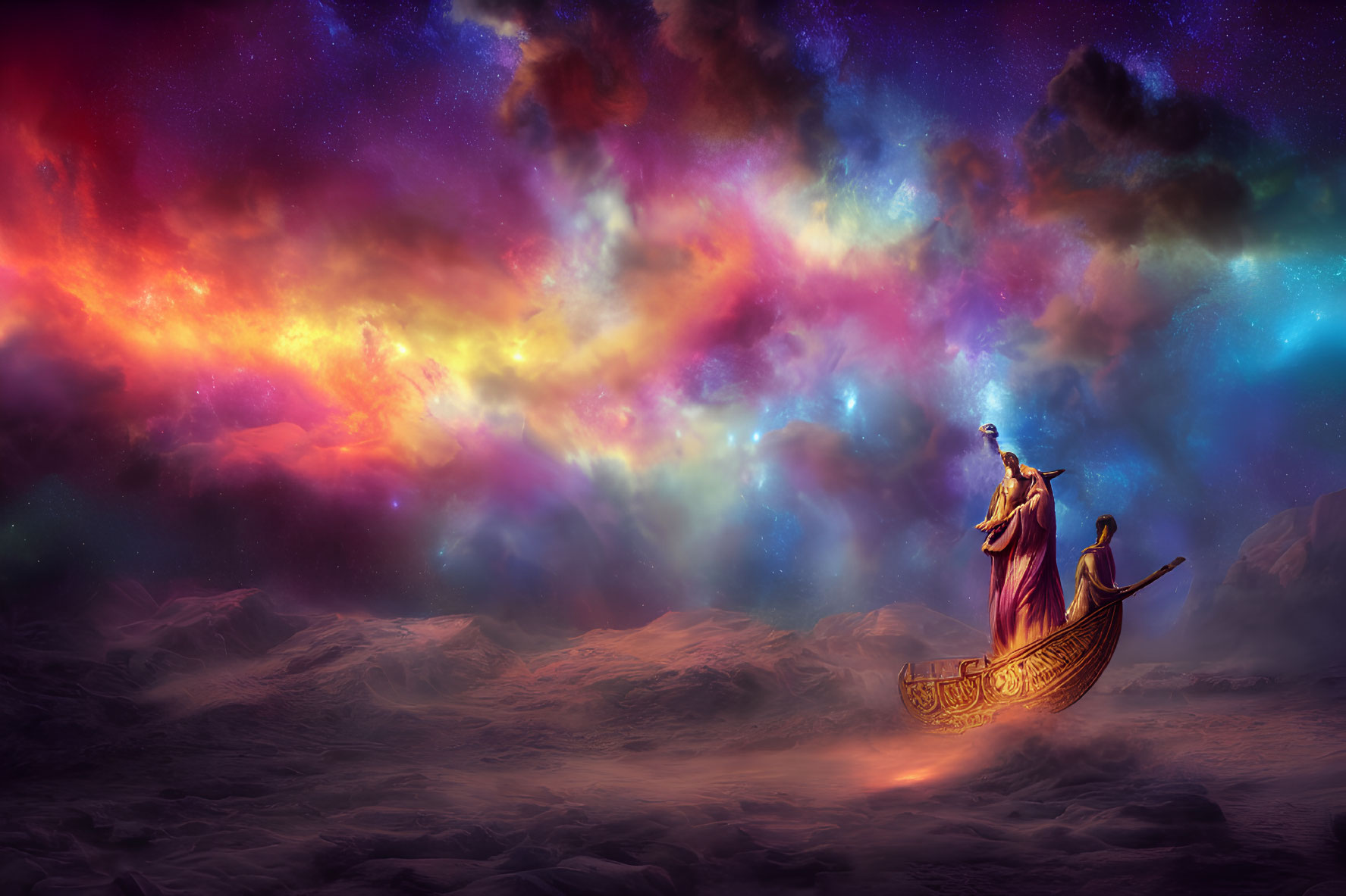 Figure in robes on boat under vibrant cosmic sky with stars and nebulae