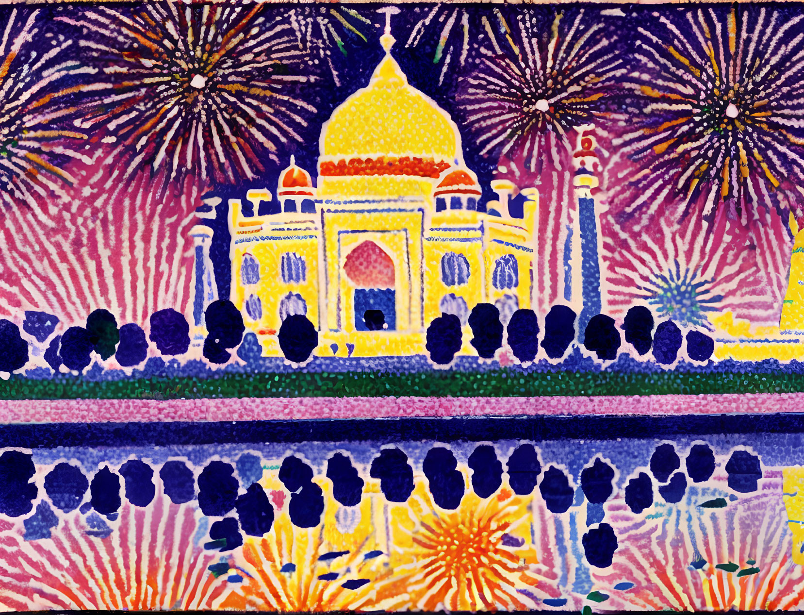 Vibrant Taj Mahal painting with fireworks reflection