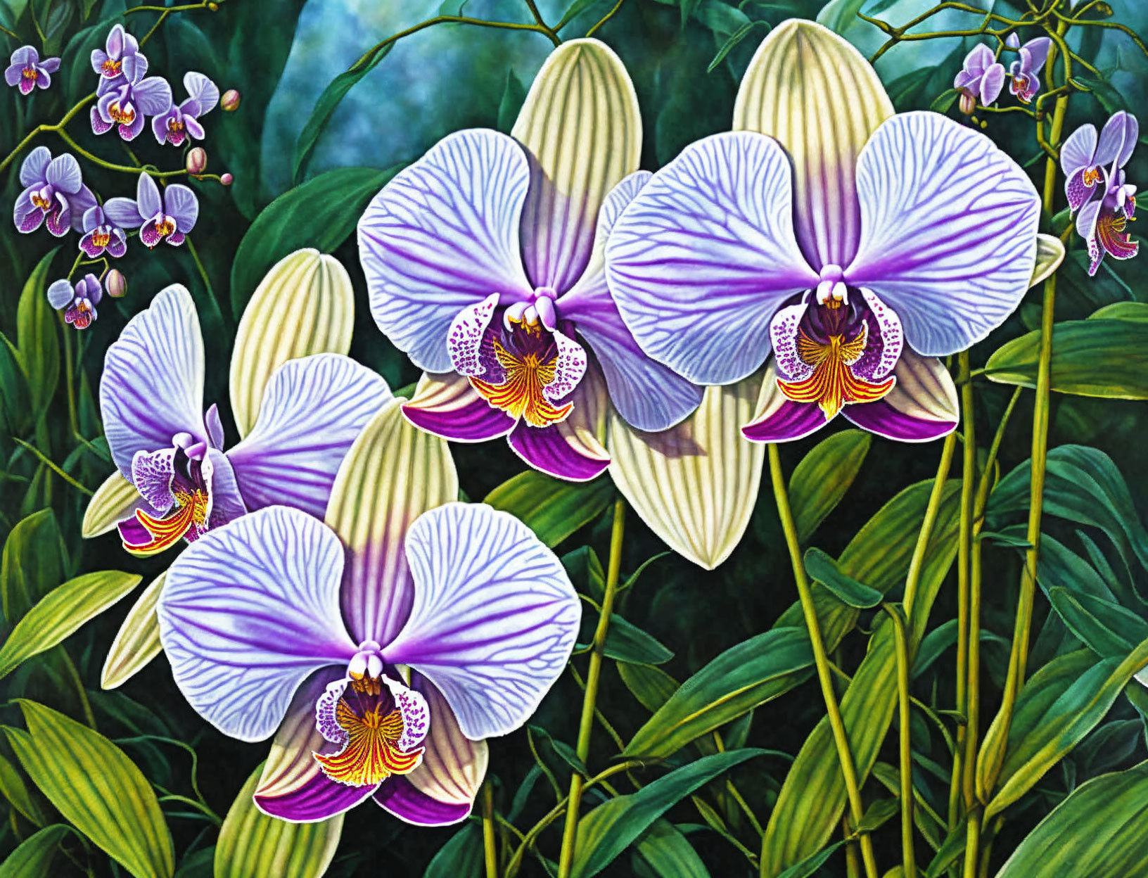 Purple and White Orchids Painting with Intricate Patterns and Lush Green Foliage