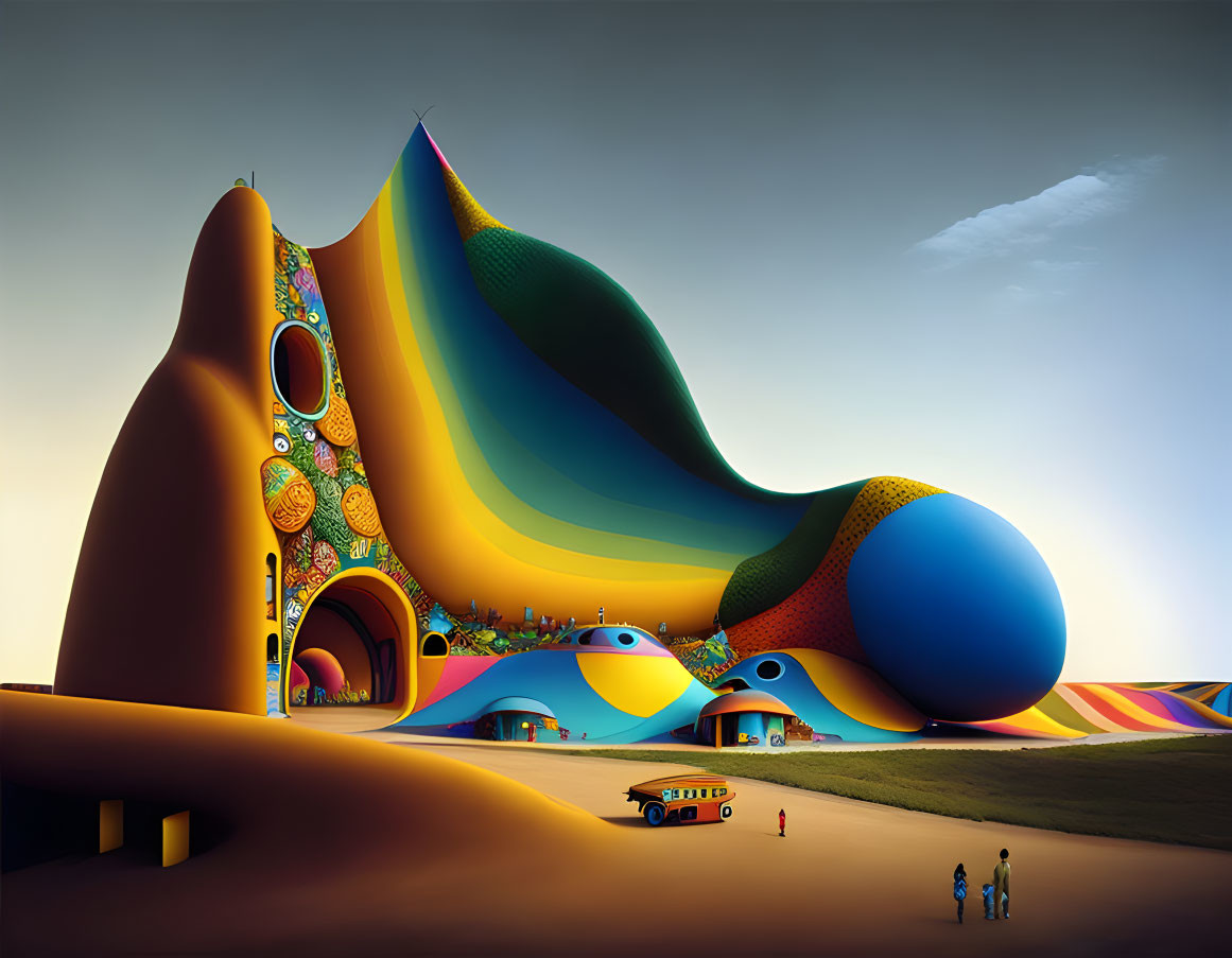 Vibrant, whimsical building with flowing shapes and desert foreground.