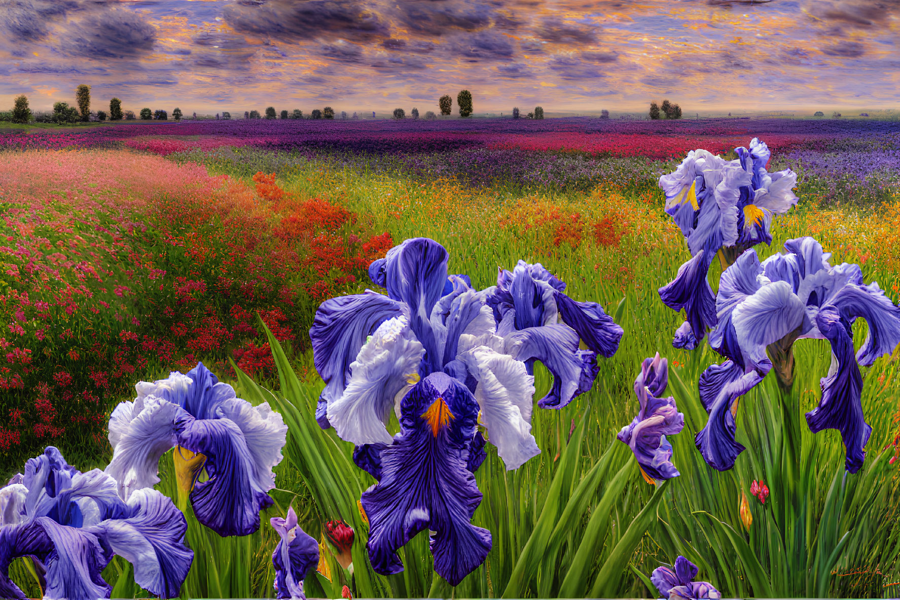 Colorful Sunset Sky Over Field of Flowers with Irises