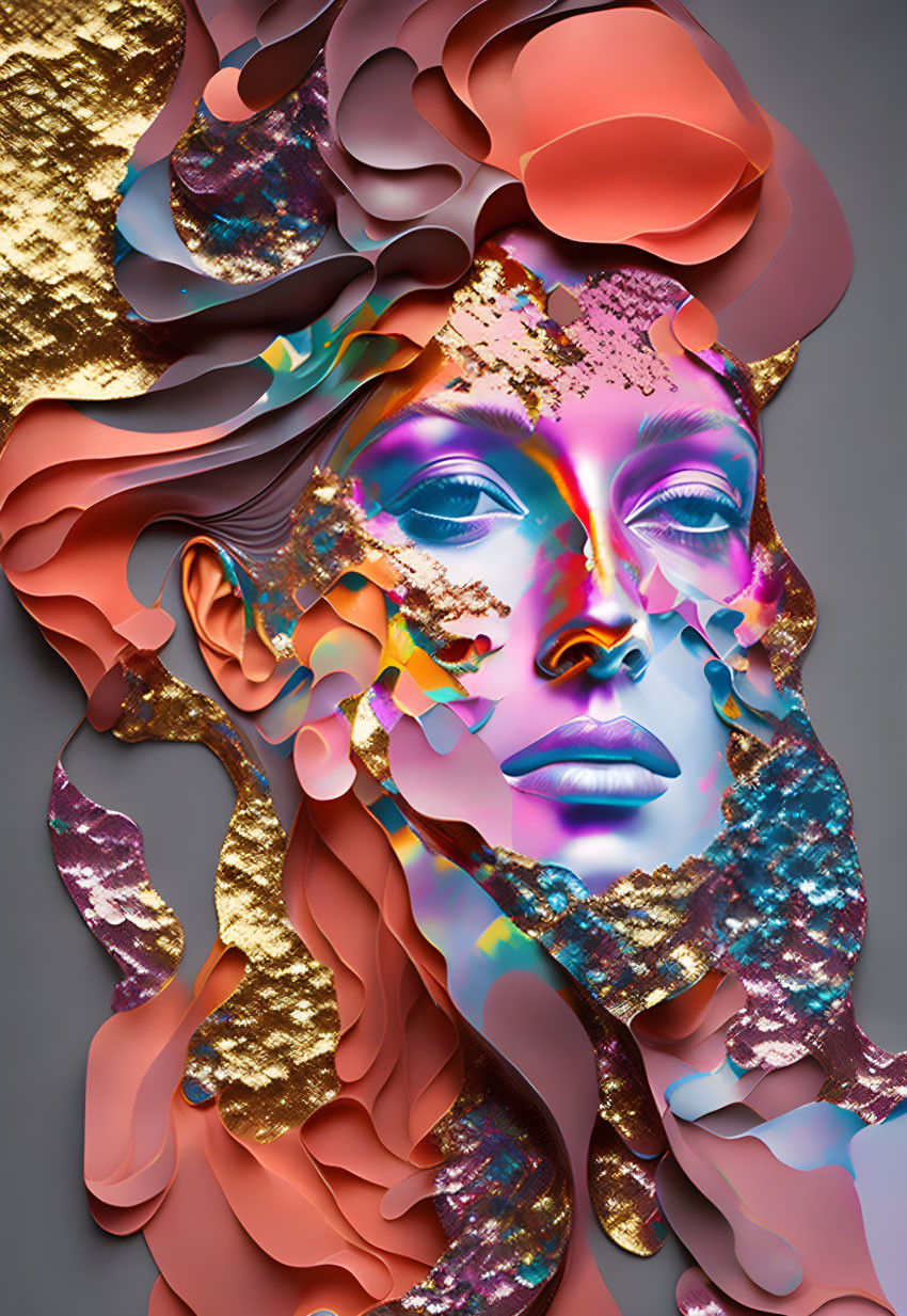 Vibrant digital artwork: Woman's face with gold accents & floral motifs