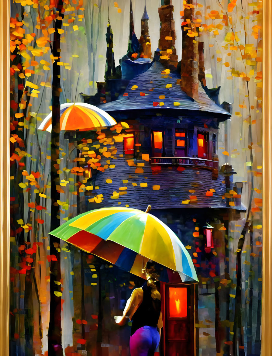 Colorful Umbrella Painting Near Quaint House in Autumn