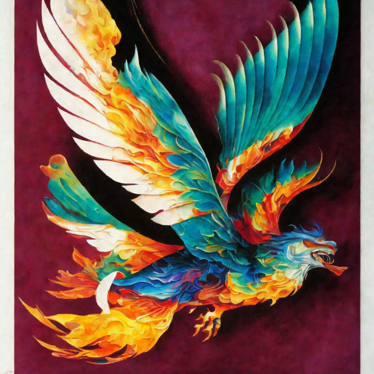 Colorful Phoenix Painting with Fiery Plumage on Blue Background