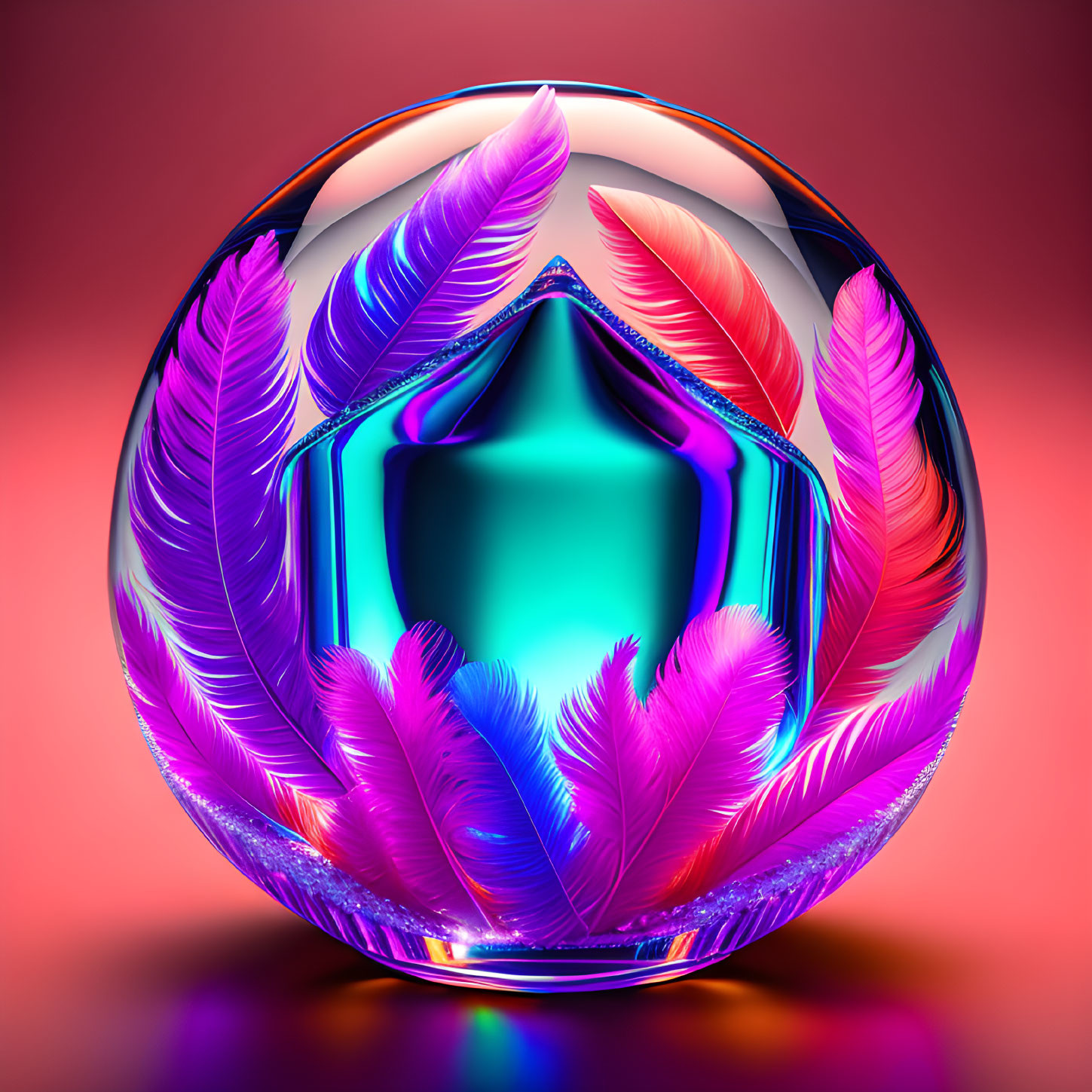 Colorful Digital Art: Reflective Orb with Feathers on Gradient Background