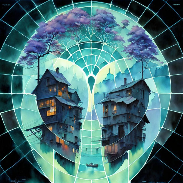 Surreal painting: Two houses, tree, purple foliage, aqua grid background