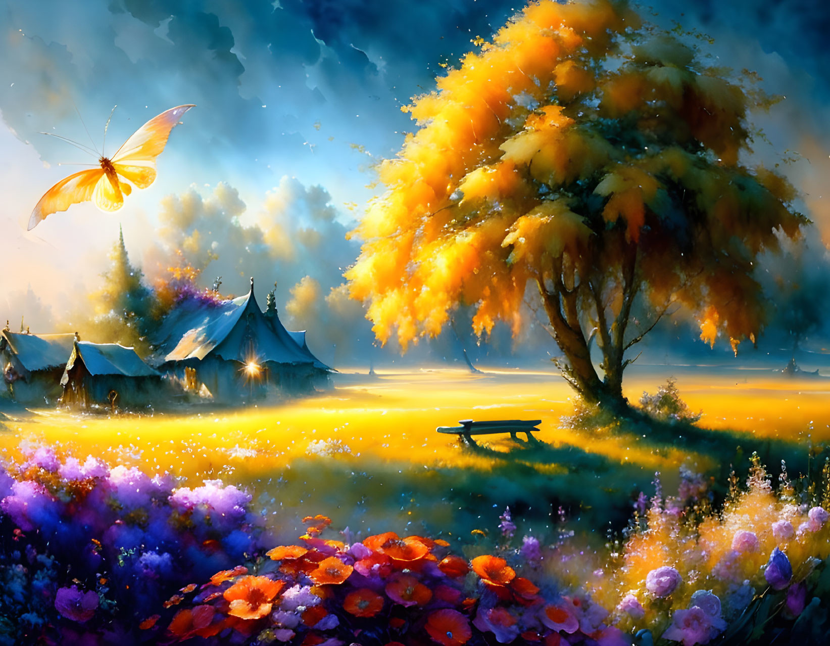 Colorful Landscape Painting with Butterfly, Tree, Tents, Bench, and Flowers