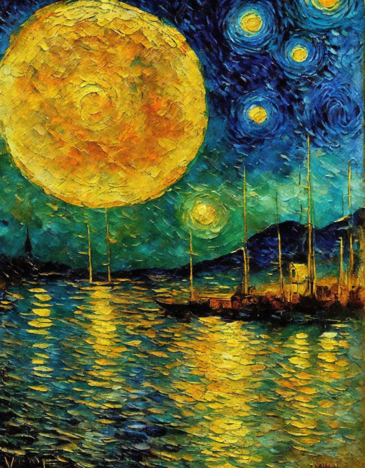 Night scene painting with large yellow moon and boats on water