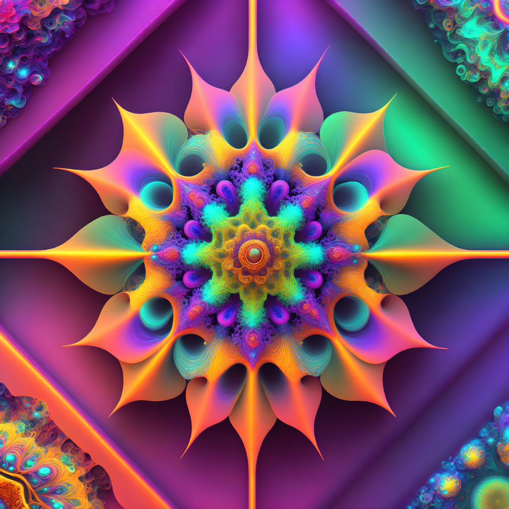 Colorful fractal pattern with central star in orange and yellow on purple background