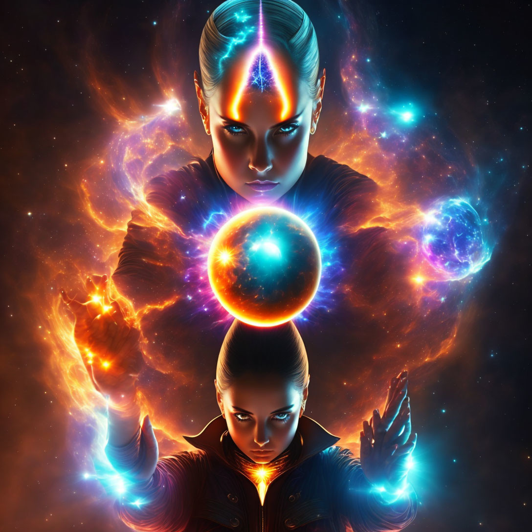 Digital artwork: Mirror-image figures manipulating fiery orbs in cosmic space