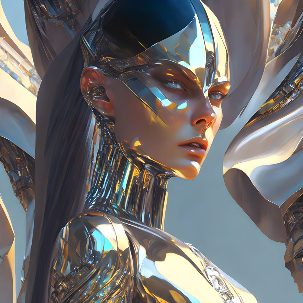 Female android with silver skin and metallic headpiece on soft-lit background