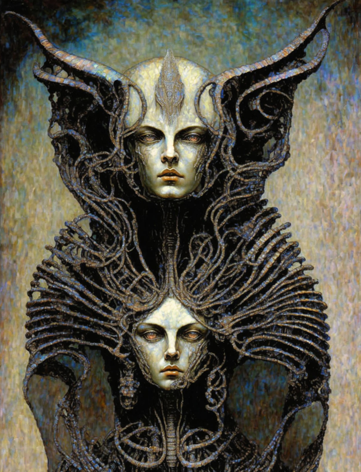 Fantastical artwork of two humanoid faces with horned headdresses and intricate collars