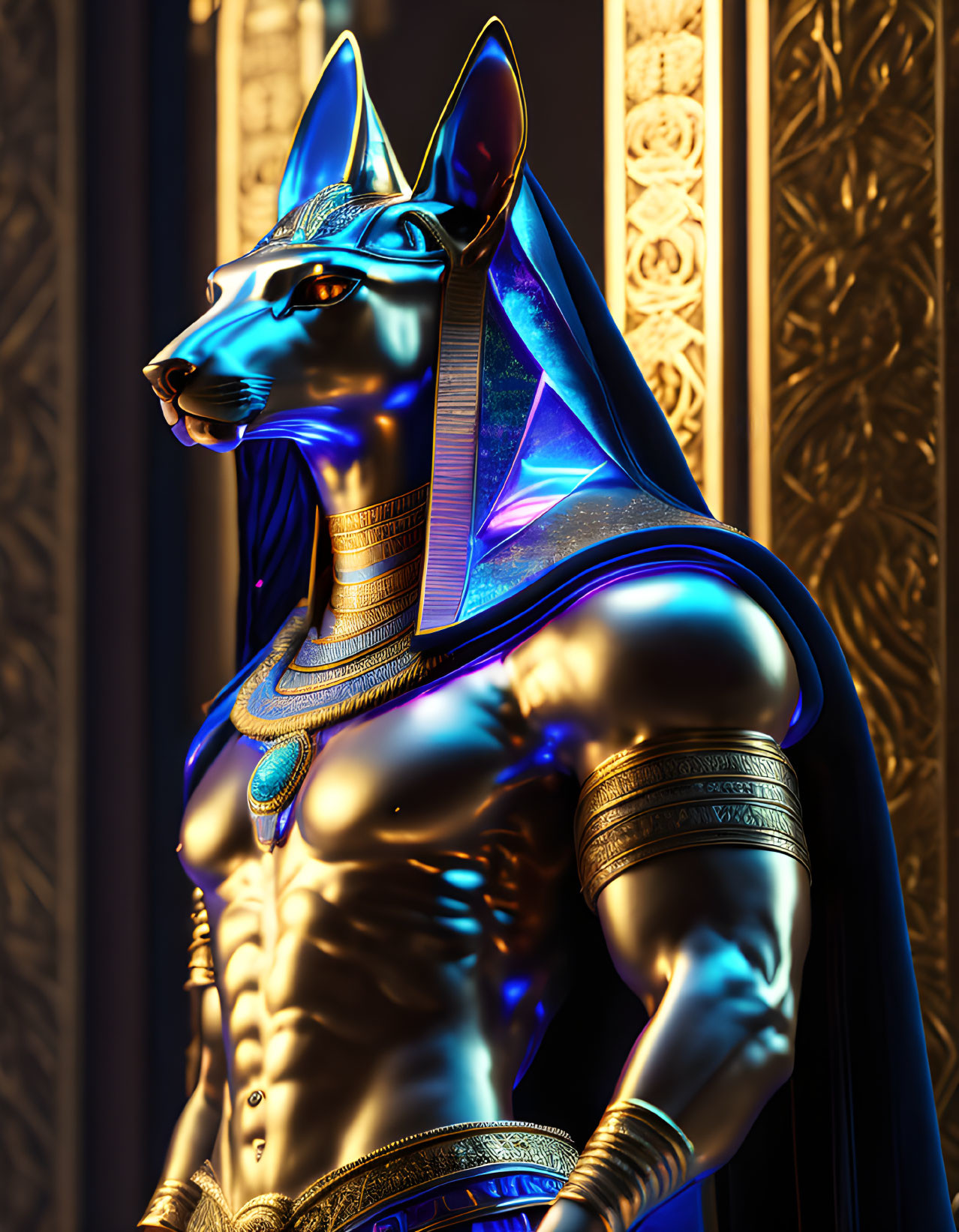 Egyptian-style Anubis statue with jackal head and golden glow