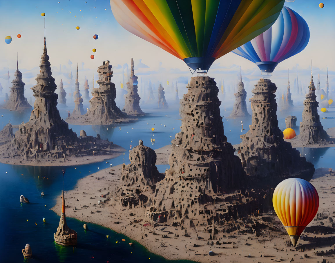 Fantasy landscape with spire-like rocks, boats, and hot air balloons