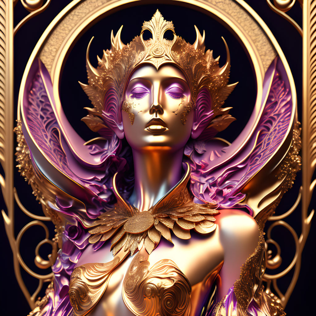 Regal figure with golden-purple hues and ornate crown and feathers.