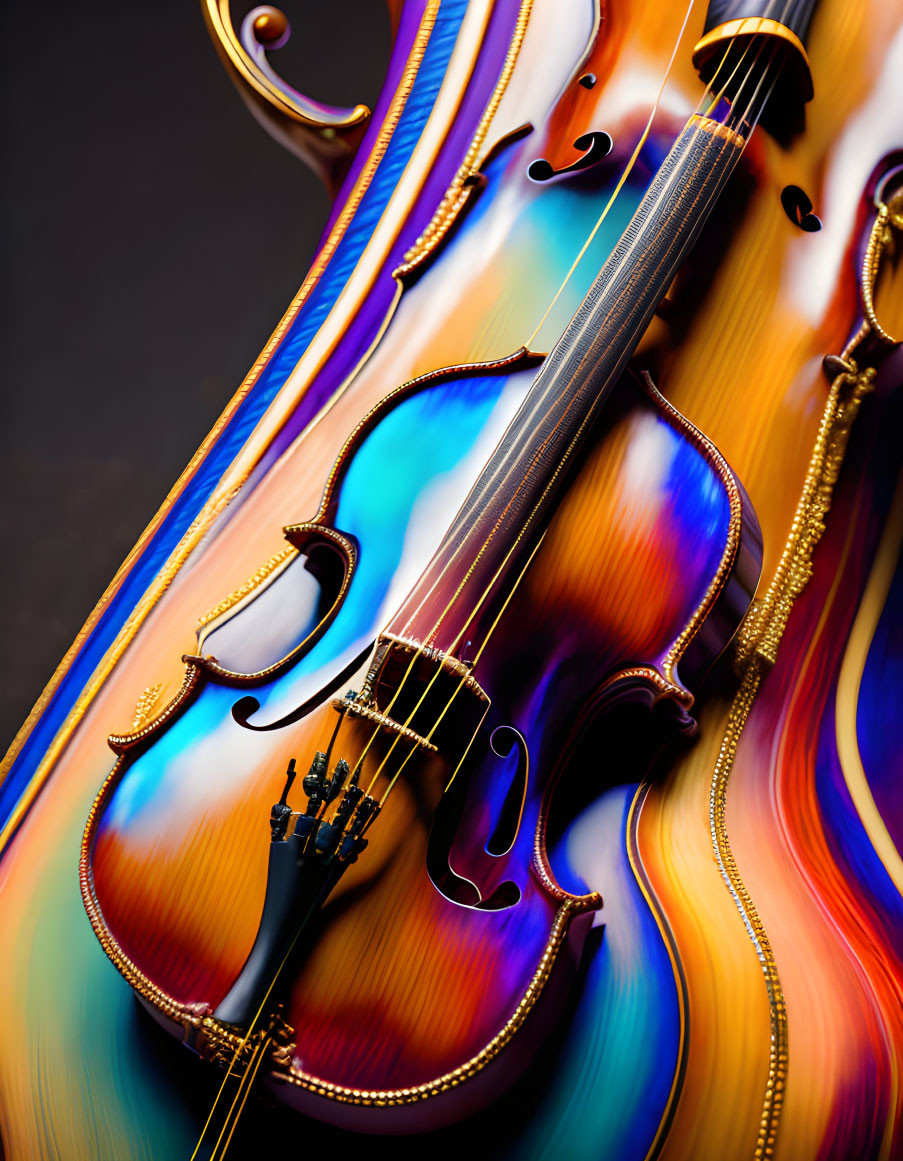 Vibrant close-up of a violin with flowing colors on dark background