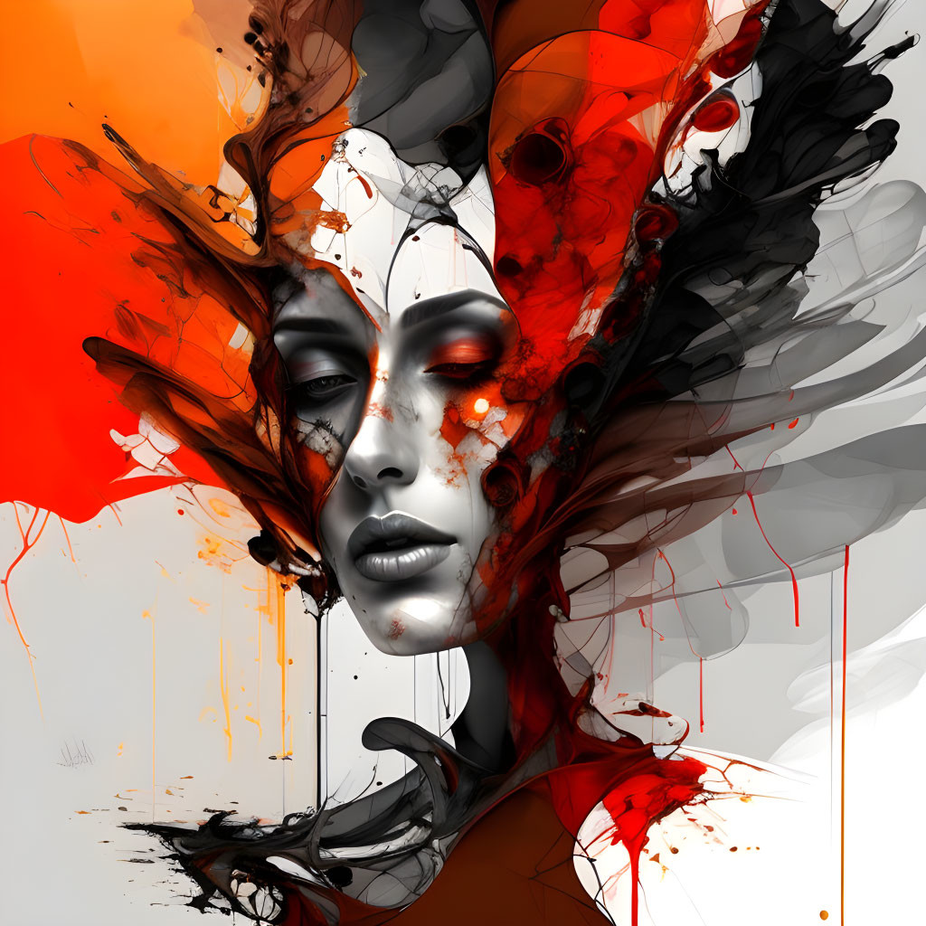 Abstract digital artwork of woman's face with red and orange splashes