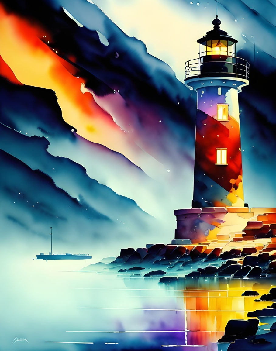 Vivid digital artwork: Lighthouse at dusk with boat, dynamic sky