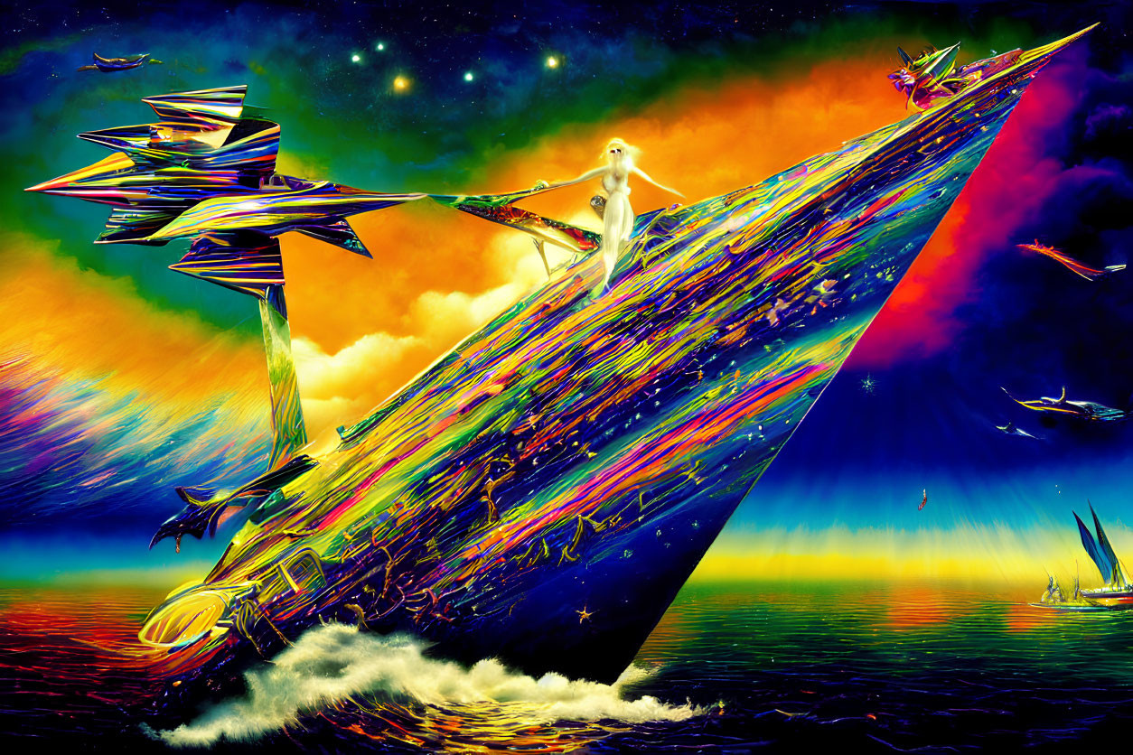 Colorful artwork: Woman on fantastical ship in surreal ocean landscape