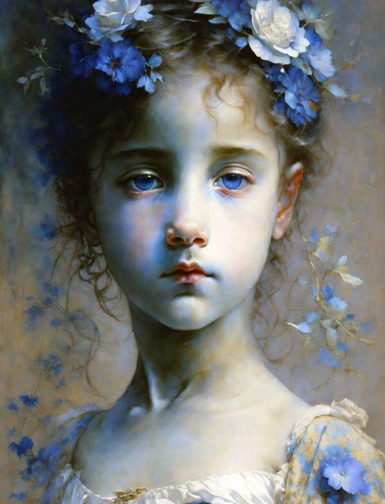 Young girl portrait with soulful eyes and blue floral wreath on soft blue background