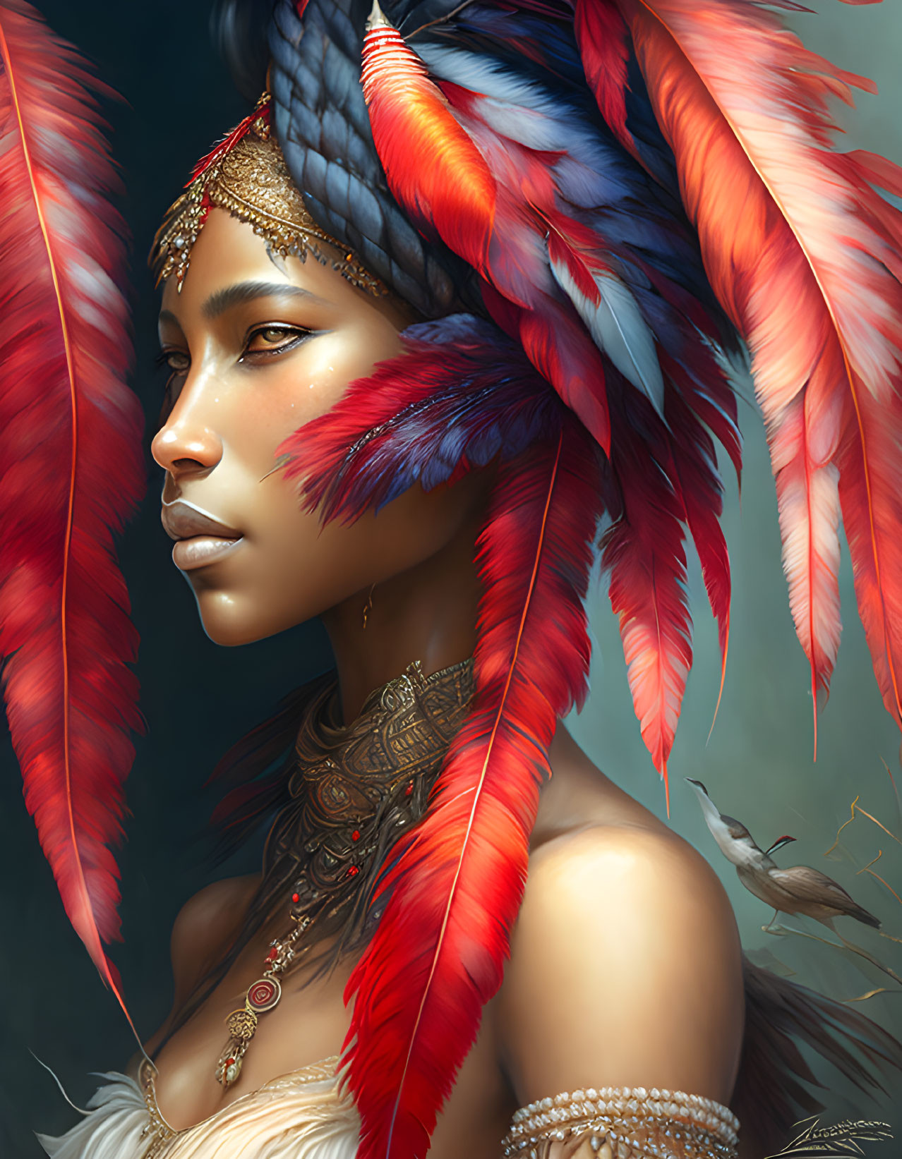 Portrait of woman with red and blue feather headdress and golden jewelry